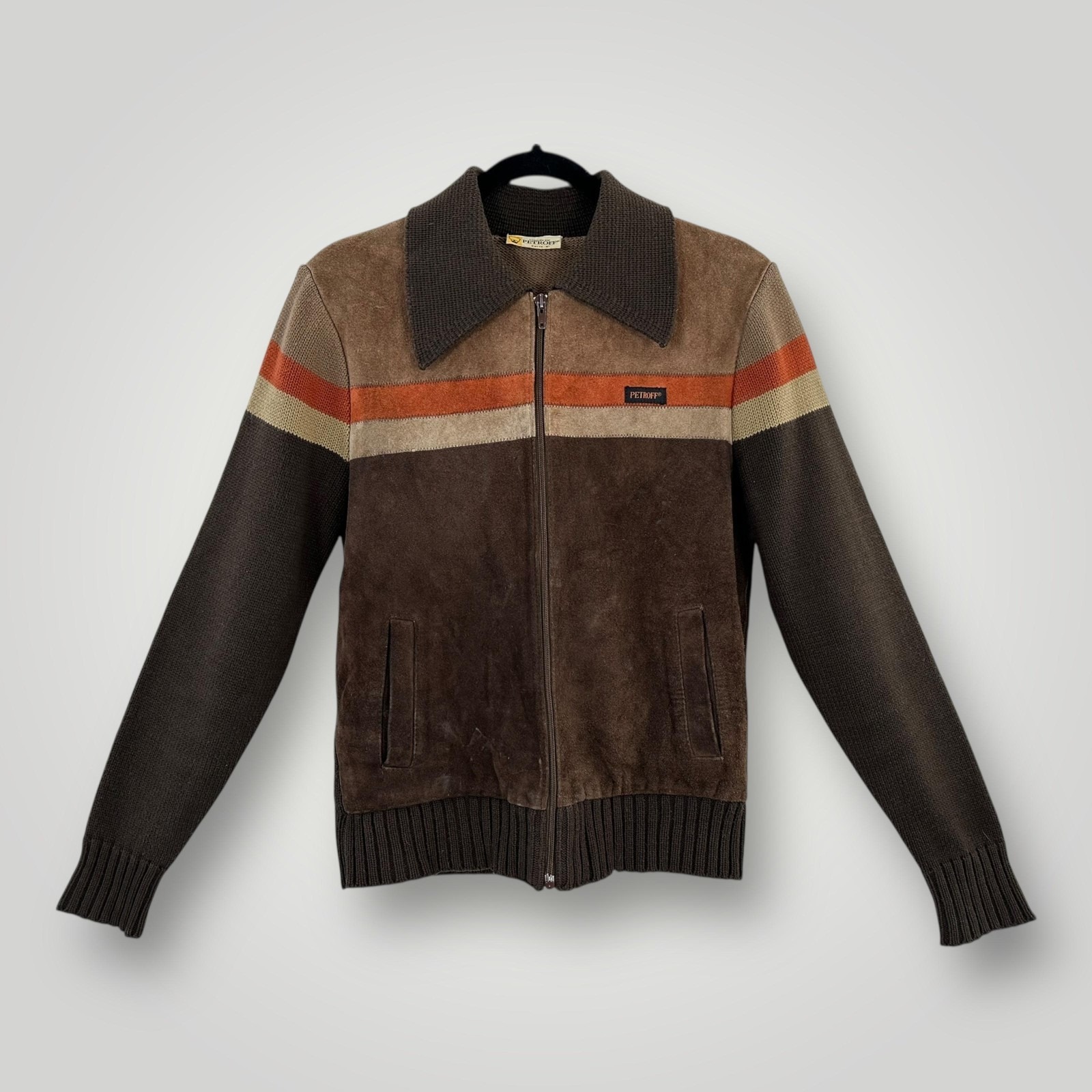 Vintage Petroff Jacket Mens Medium Brown Suede Knit Full Zip Striped Paris 1970s